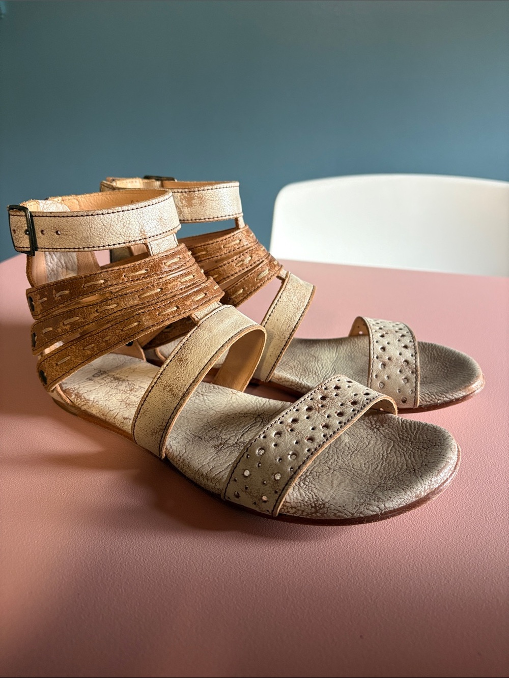 Bed Stu Beige and Brown Leather Strappy Ankle Sandals